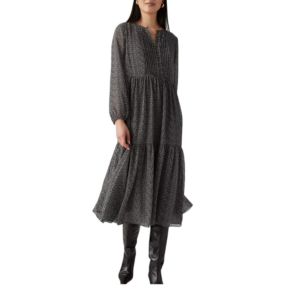 Levi Cielo Georgette Dress Women M Black White Printed Tiered Midi